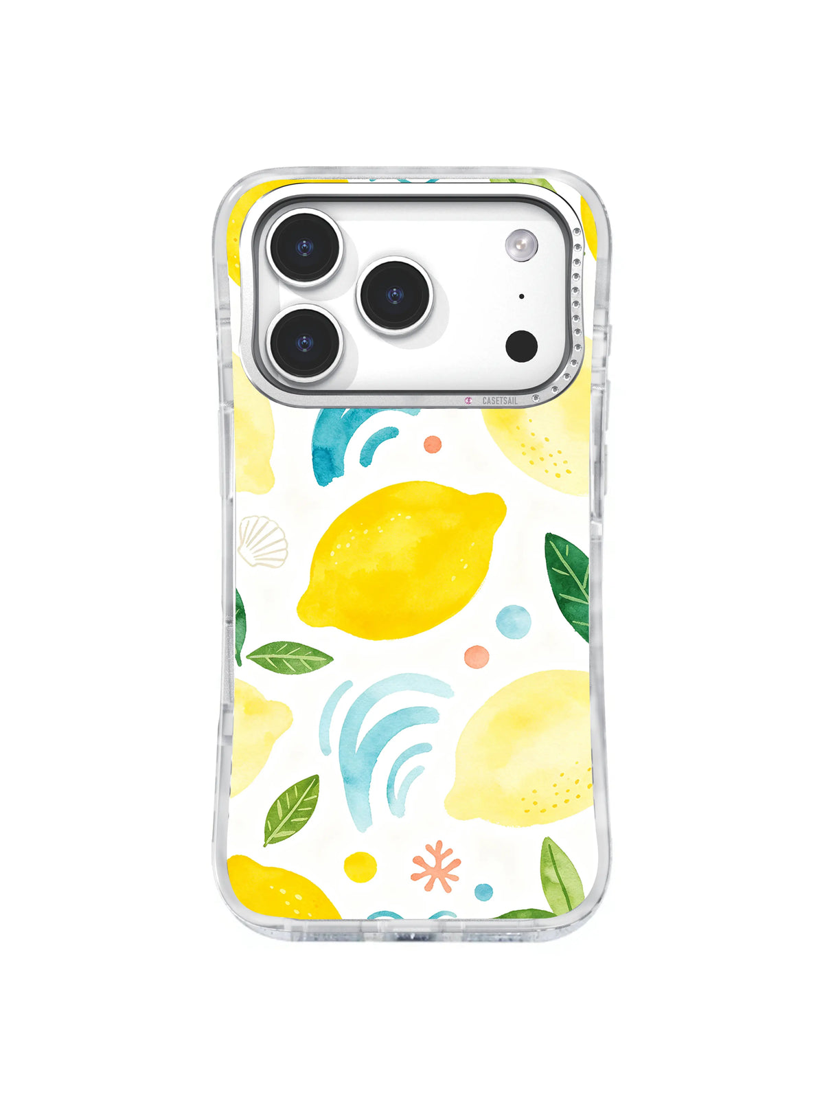 Citrus Coral Current: Large lemons mix with blue curved marks, coral shapes, dots and leaves.