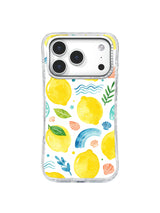 Lemon Shell Holiday: Bright lemons scatter among blue waves, coral shells and botanical sprigs.