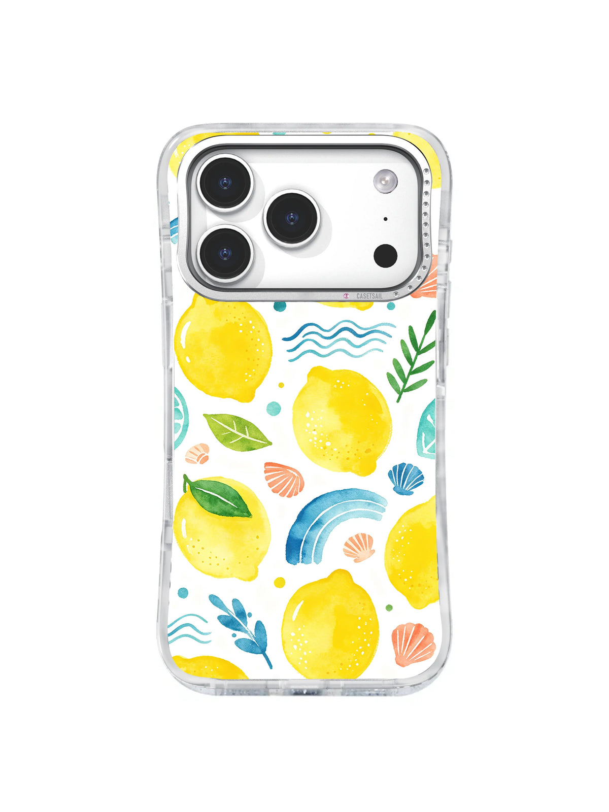 Lemon Shell Holiday: Bright lemons scatter among blue waves, coral shells and botanical sprigs.