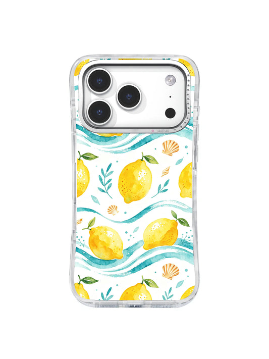 Lemon Wave Shore: Sarı limonlar aqua dalgalar, küçük kabuklar ve yeşil yapraklarla tekrar eder.