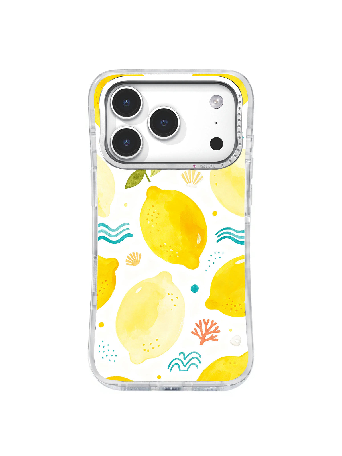 Sunlit Lemon Coast: Large yellow lemons repeat with teal waves, shell marks and sparse leaves.