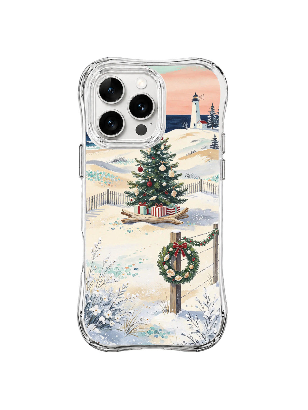 Aesthetic coastal iPhone 16 Pro case with coral sky, starfish tree, shell wreath and snowy beach
