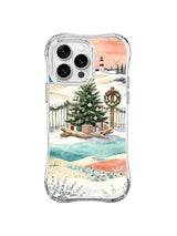 Coastal Noel Pines iPhone 16 Pro case with driftwood evergreen, shell wreath and snowy shore