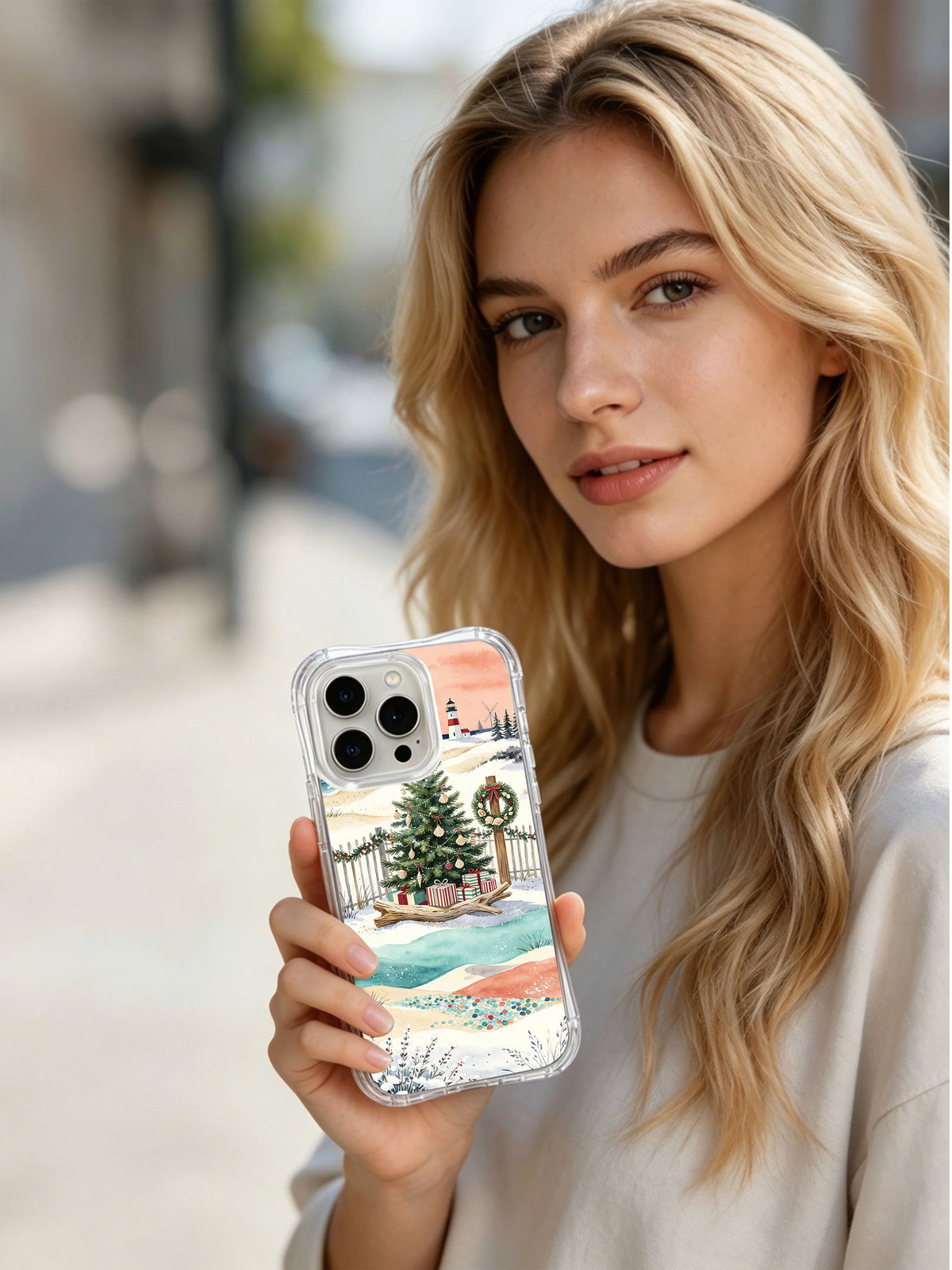 Lifestyle view of the Coastal Noel Pines iPhone 16 Pro case