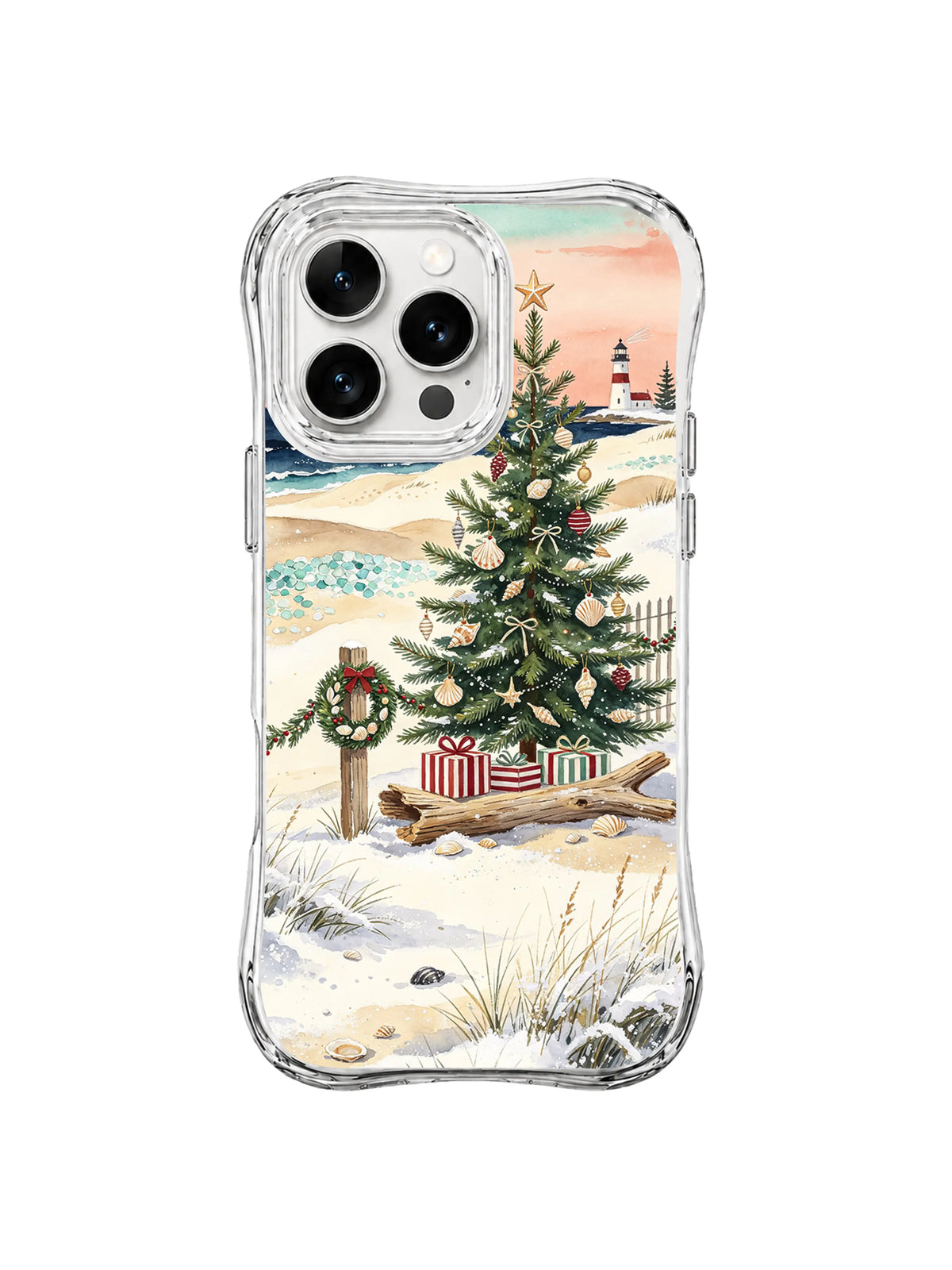 Christmas tree iPhone 16 Pro case with lighthouse, starfish topper, shells and coastal pines