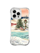 Coastal Christmas iPhone 16 Pro case with sea-glass dunes, evergreen tree and striped gifts