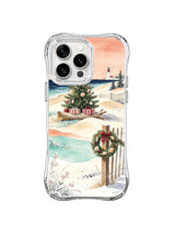 Coastal holiday iPhone 16 Pro case with wreath fence, gift boxes, dunes and distant lighthouse