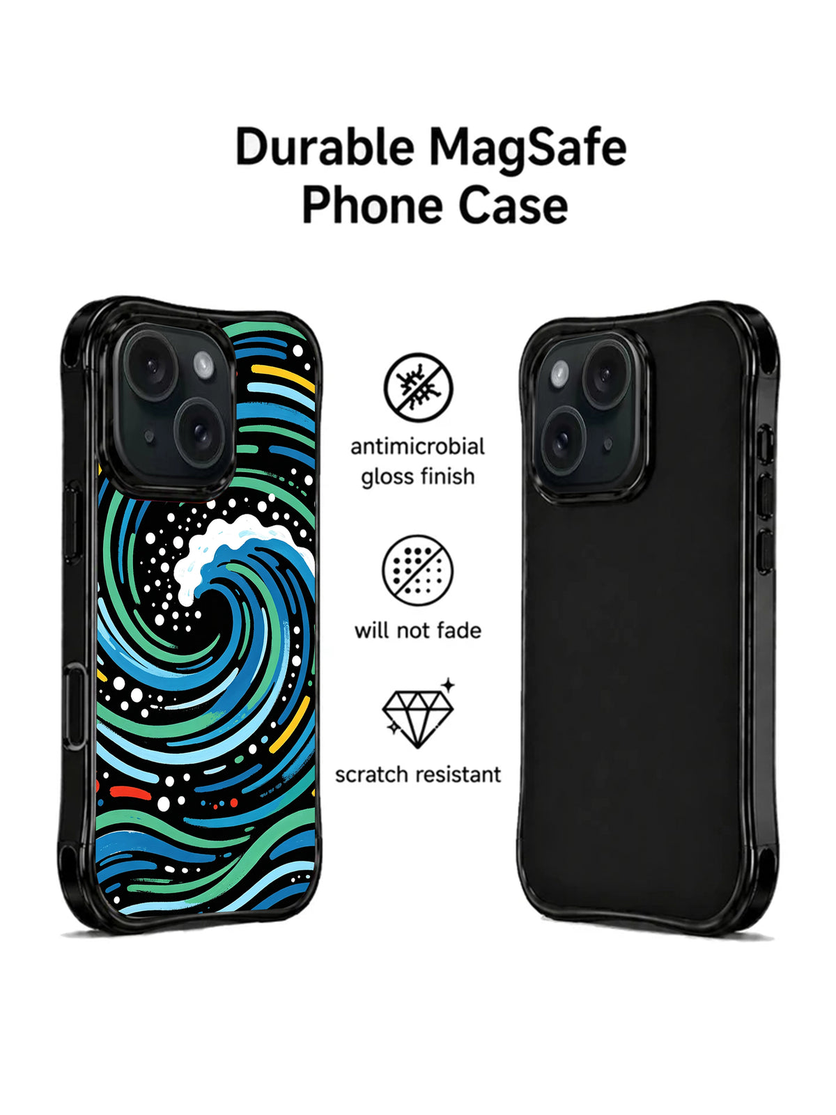 Coastal Signals colorful wave iPhone 15 Pro case angled view