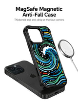 Blue and mint hand drawn wave art on black iPhone 15 Pro case