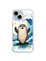 Coastal Smile Seal iPhone 13 case with happy seal standing before a large blue wave