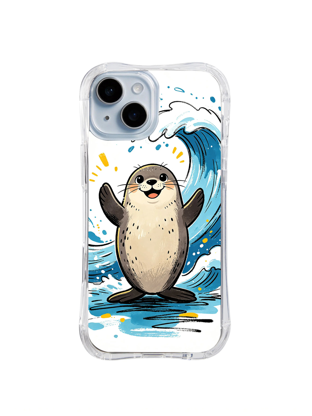 Coastal Smile Seal iPhone 13 case with happy seal standing before a large blue wave