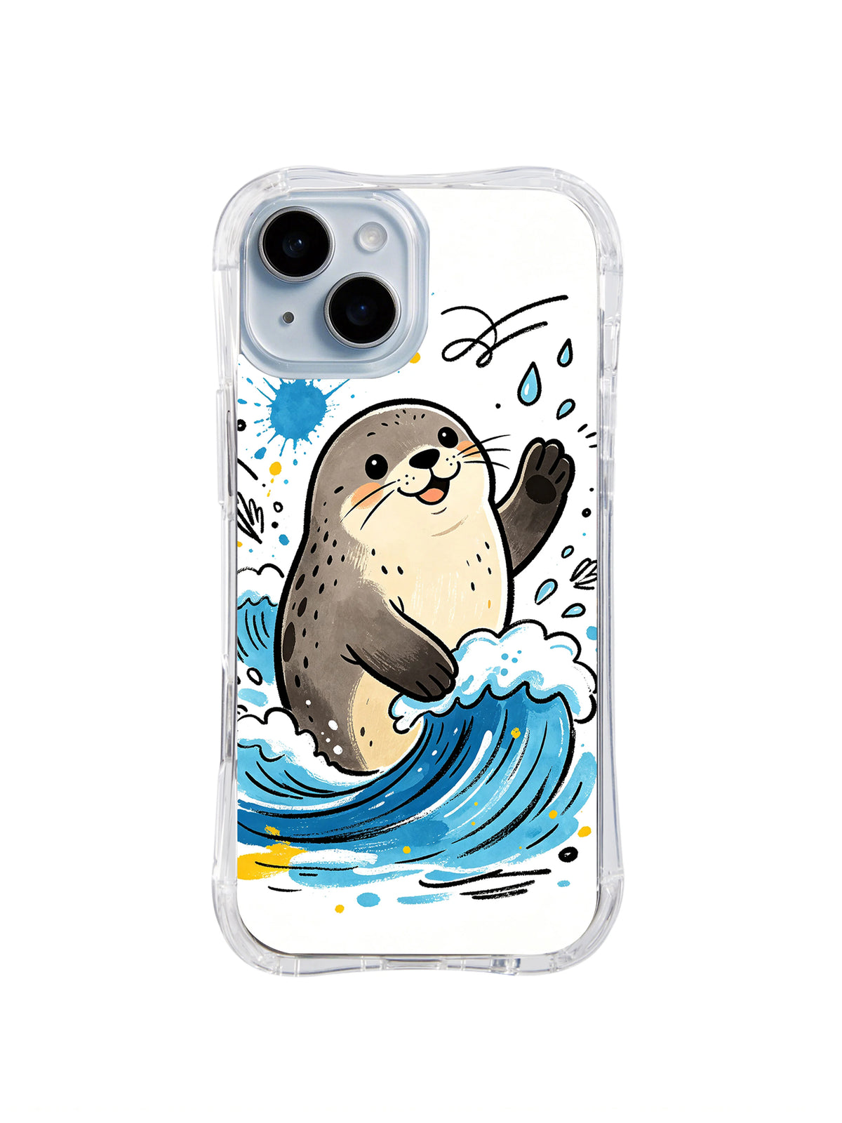 Front view of Coastal Smile Seal artwork on an iPhone 13 case