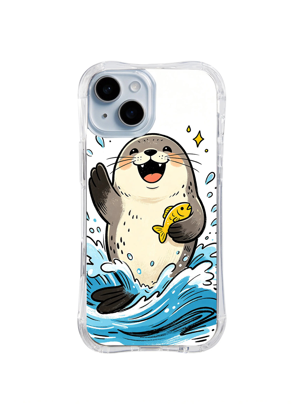 Coastal Smile Seal iPhone 13 case with smiling seal holding a yellow fish in ocean waves