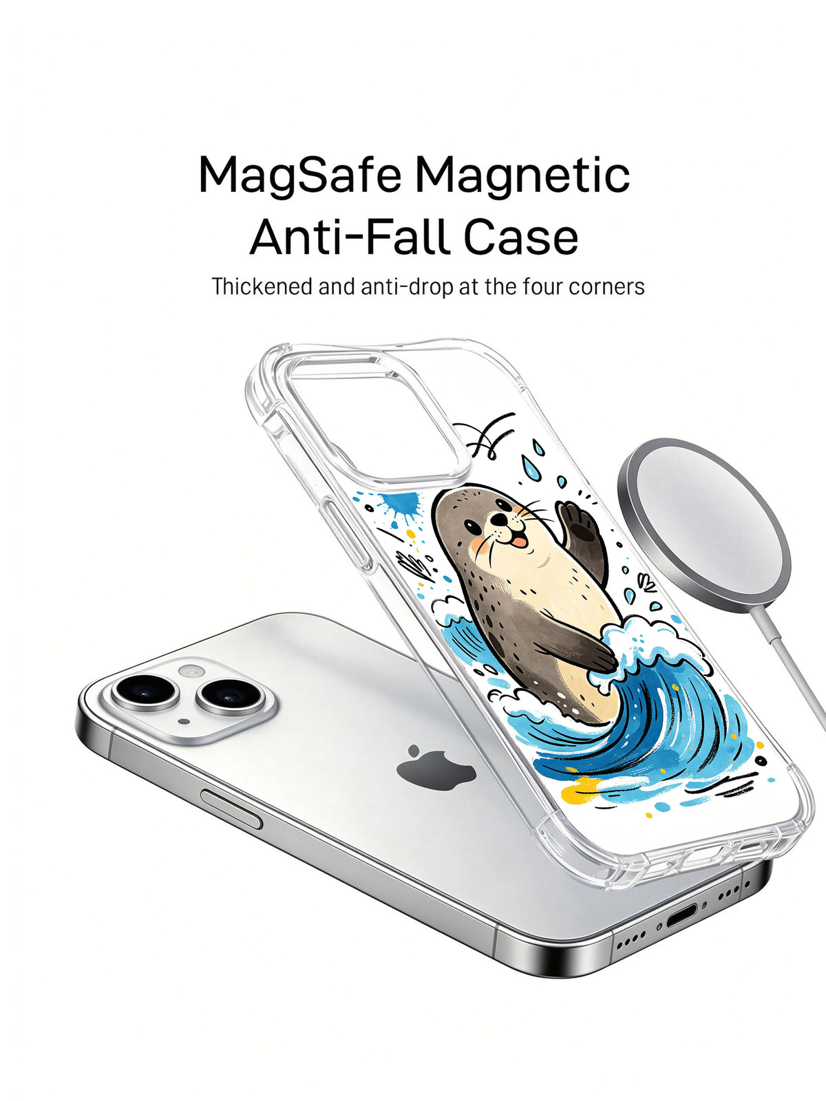 Coastal Smile Seal iPhone 13 case shown in an impact-style product display