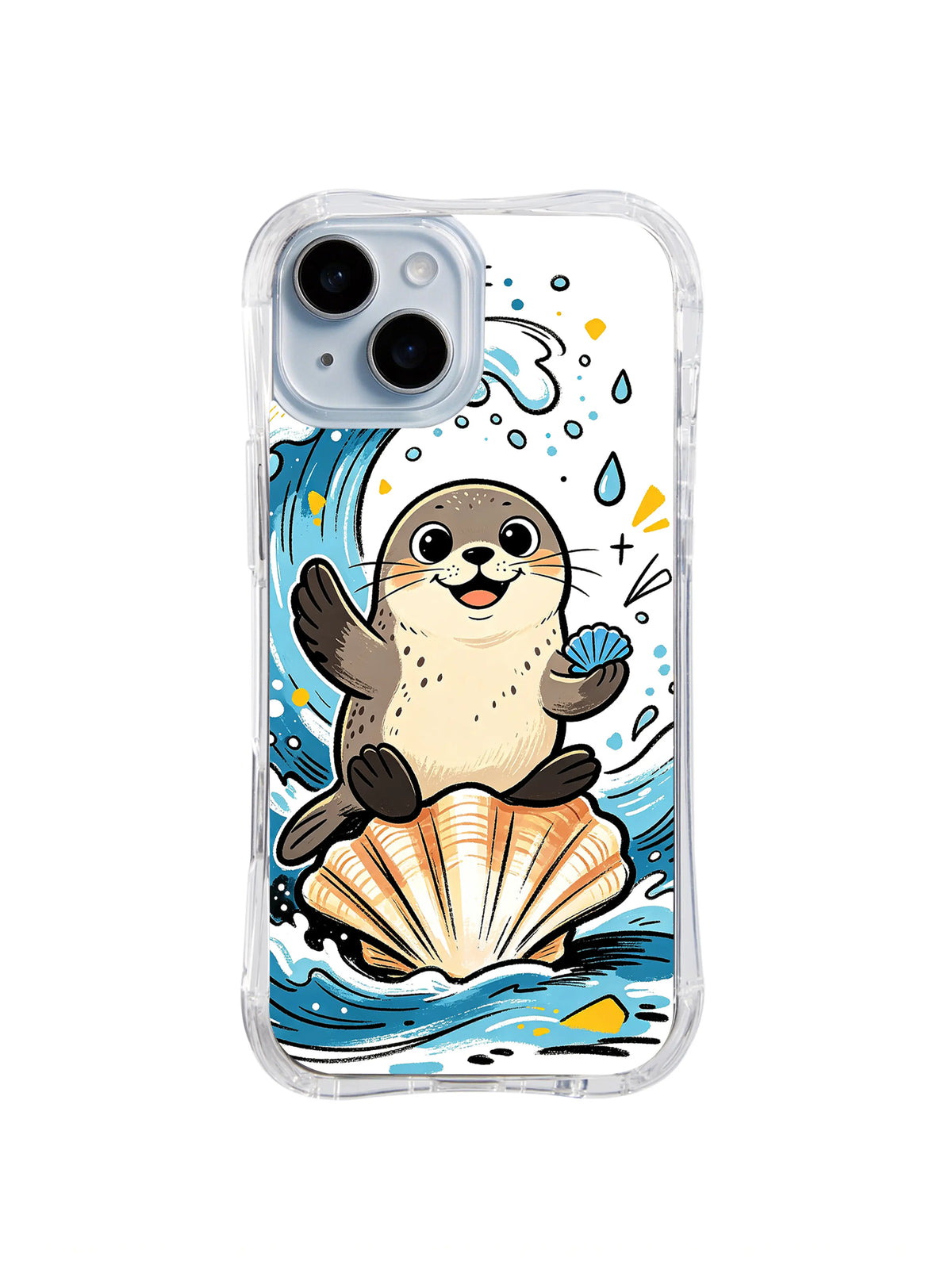 Coastal Smile Seal iPhone 13 case with smiling seal riding a seashell through blue waves