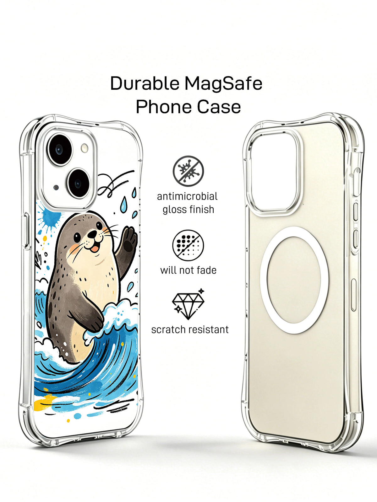 Angled and side profile views of Coastal Smile Seal iPhone 13 case
