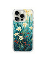 Coastal Iris Rise ivory blooms red accents and tall teal leaves on iPhone 15 Pro case