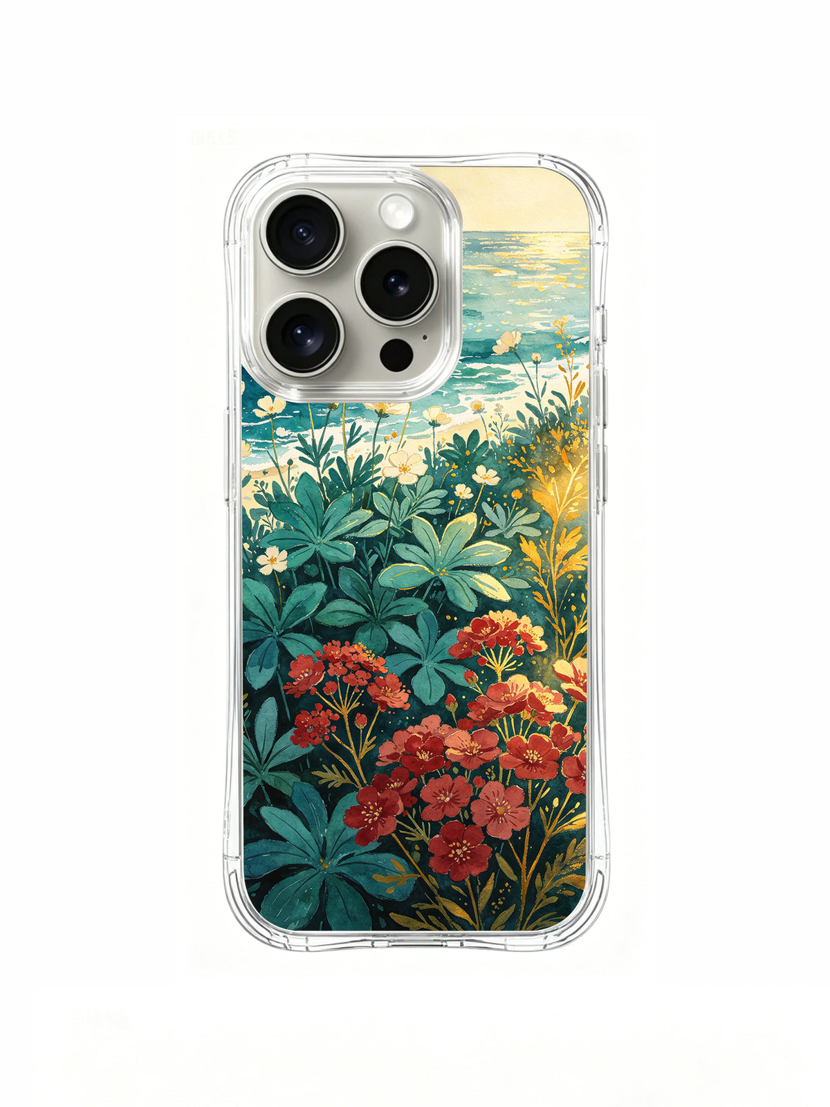 Coastal Wildflower Dream teal ocean floral iPhone 15 Pro case front view