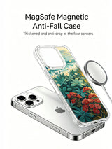Coastal Wildflower Dream iPhone 15 Pro case angled display with circular charger