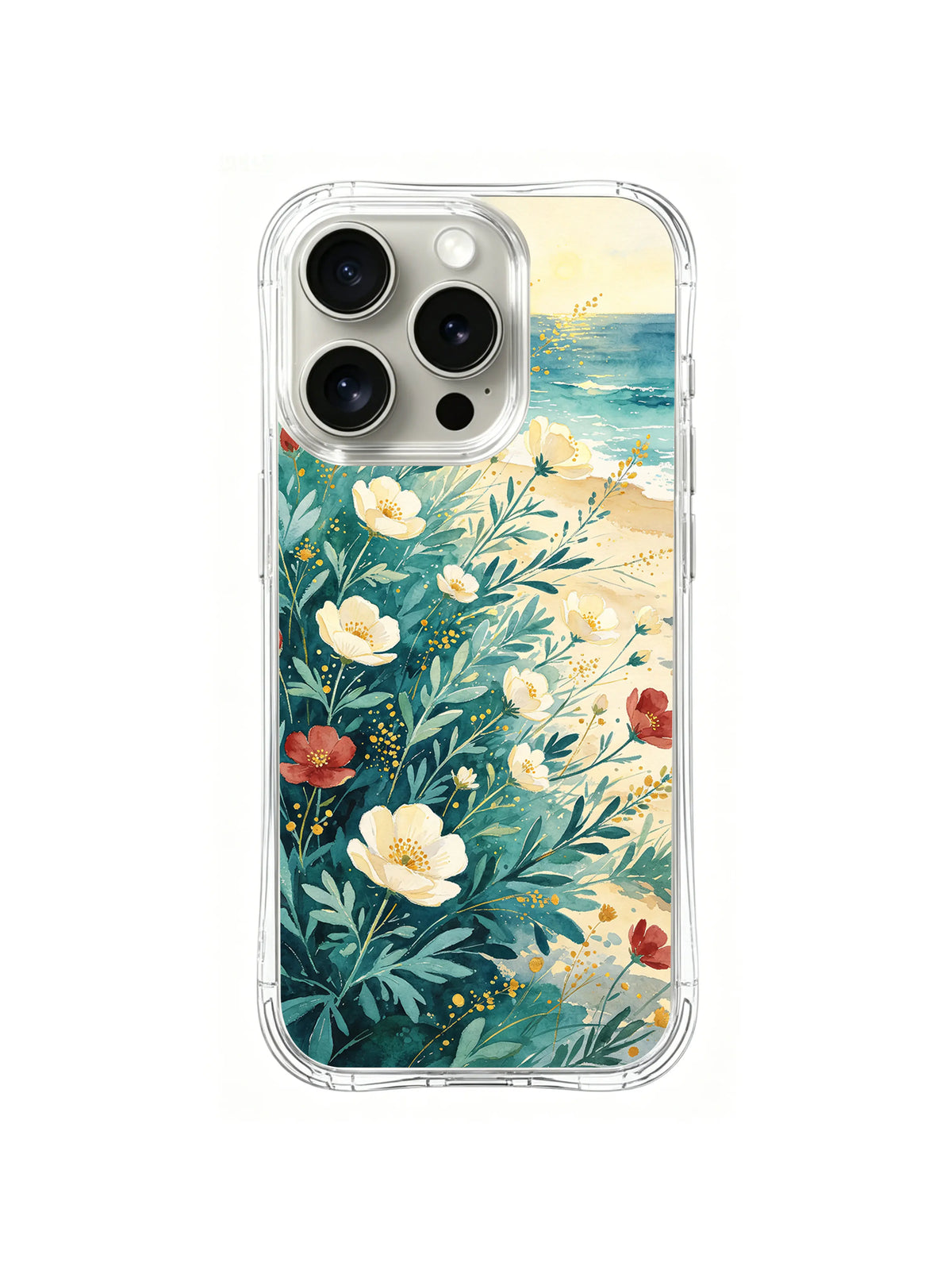 Seafoam Meadow cream and red wildflowers beside a turquoise shore on iPhone 15 Pro case