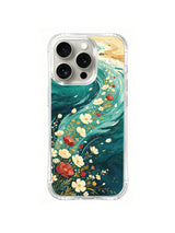 Tidal Flower Current ivory and red blossoms flowing through teal waves on iPhone 15 Pro case