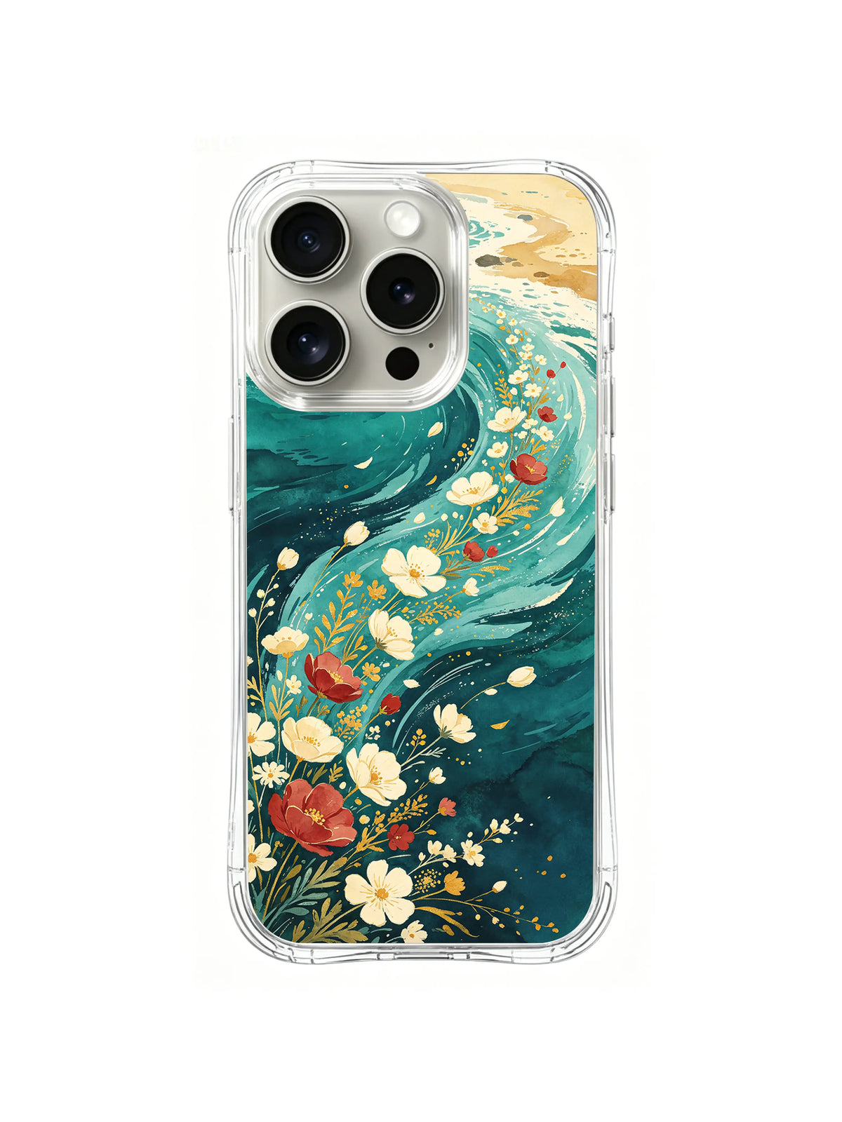 Tidal Flower Current ivory and red blossoms flowing through teal waves on iPhone 15 Pro case