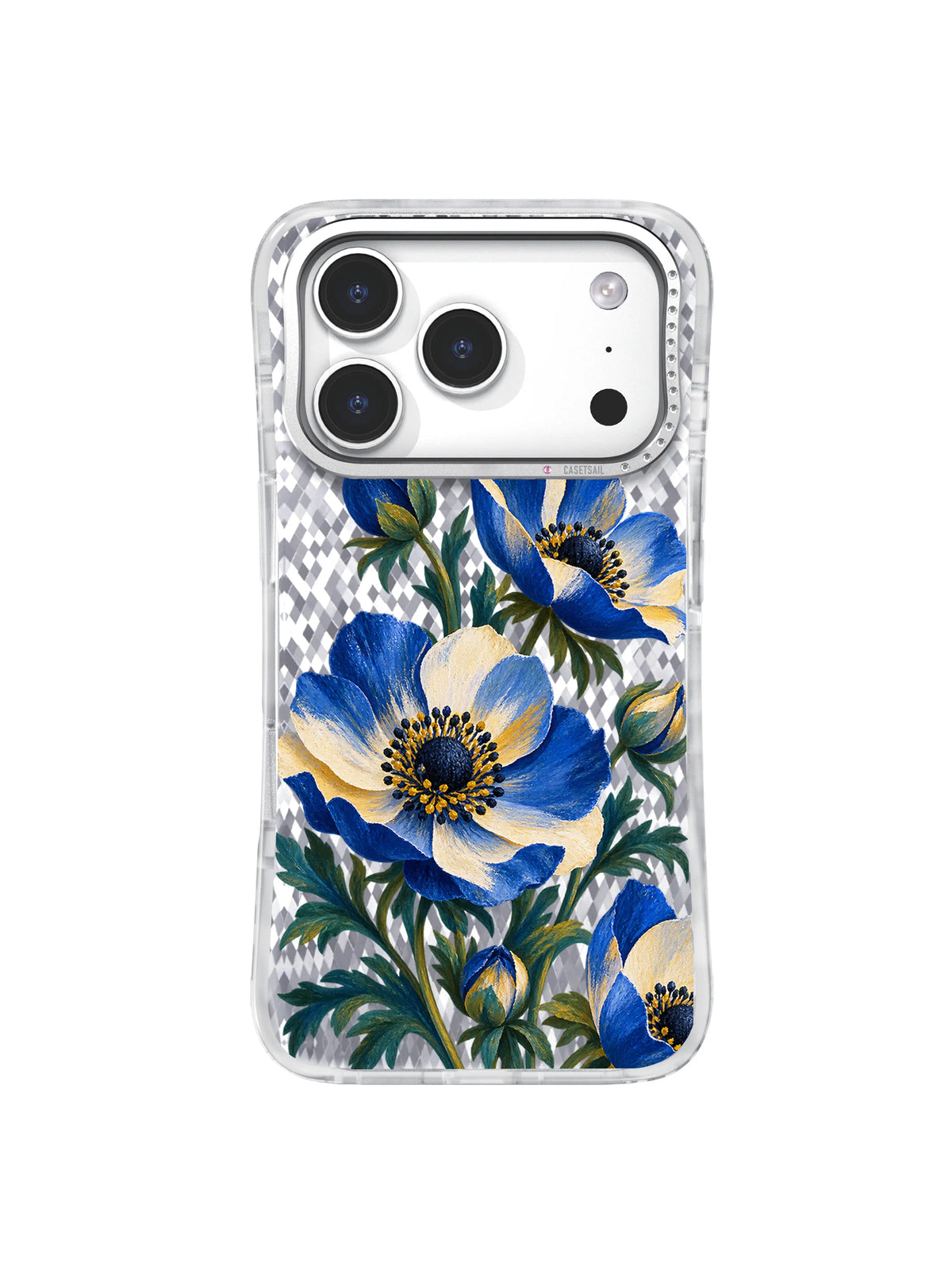 Cream Orbit cobalt anemone artwork with teal leaves for iPhone 17 Pro Case