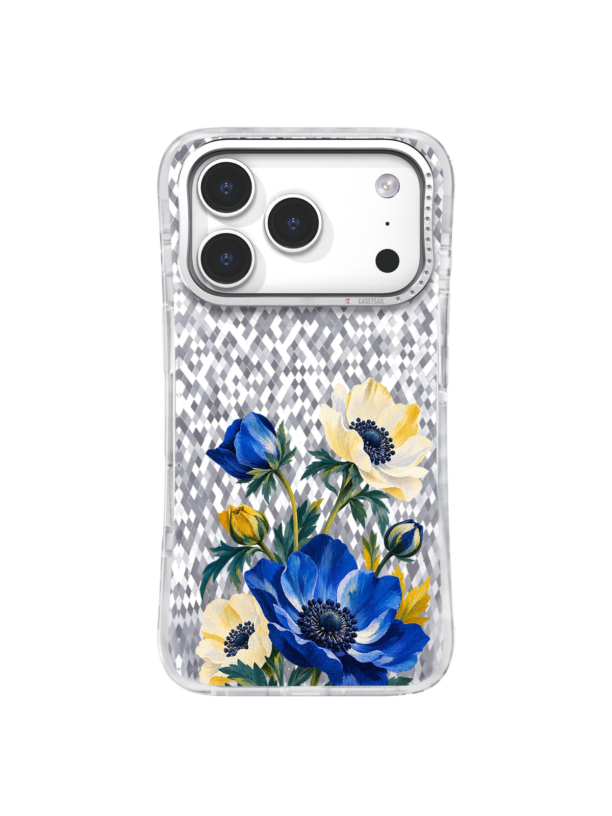 Cobalt Crescent transparent iPhone 17 Pro case front view