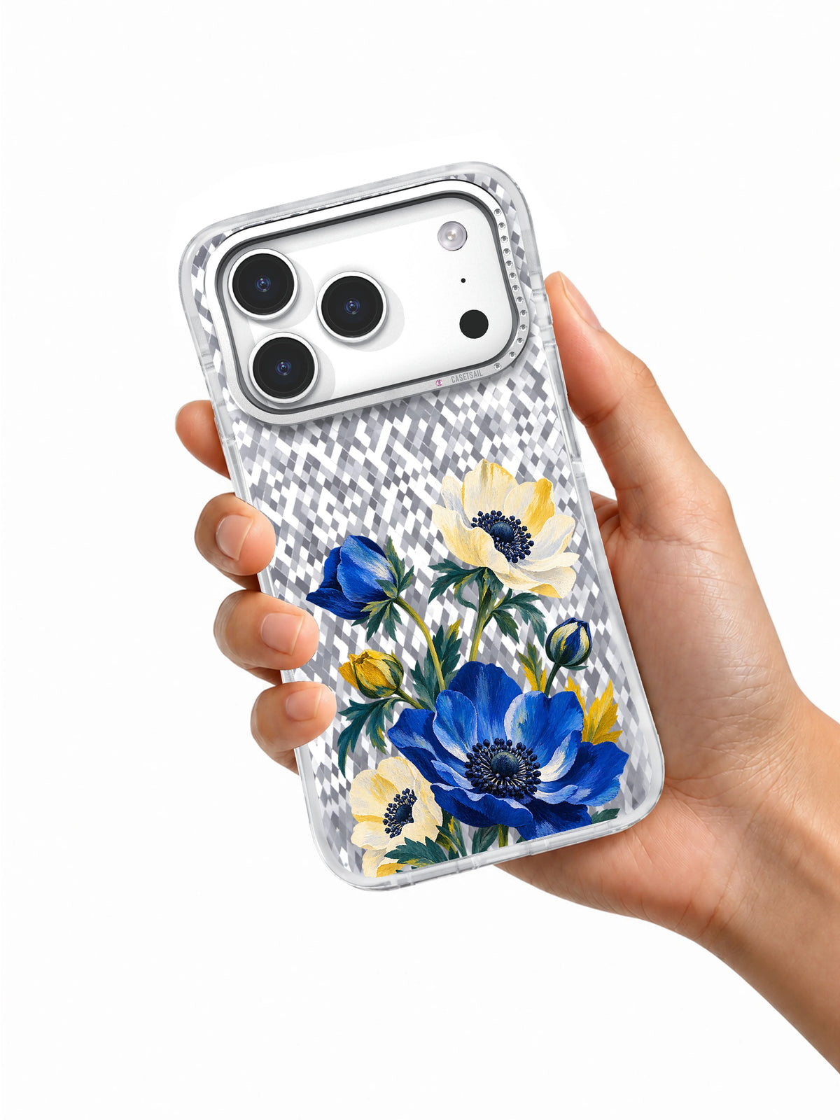 Cobalt Crescent transparent iPhone 17 Pro case held in hand