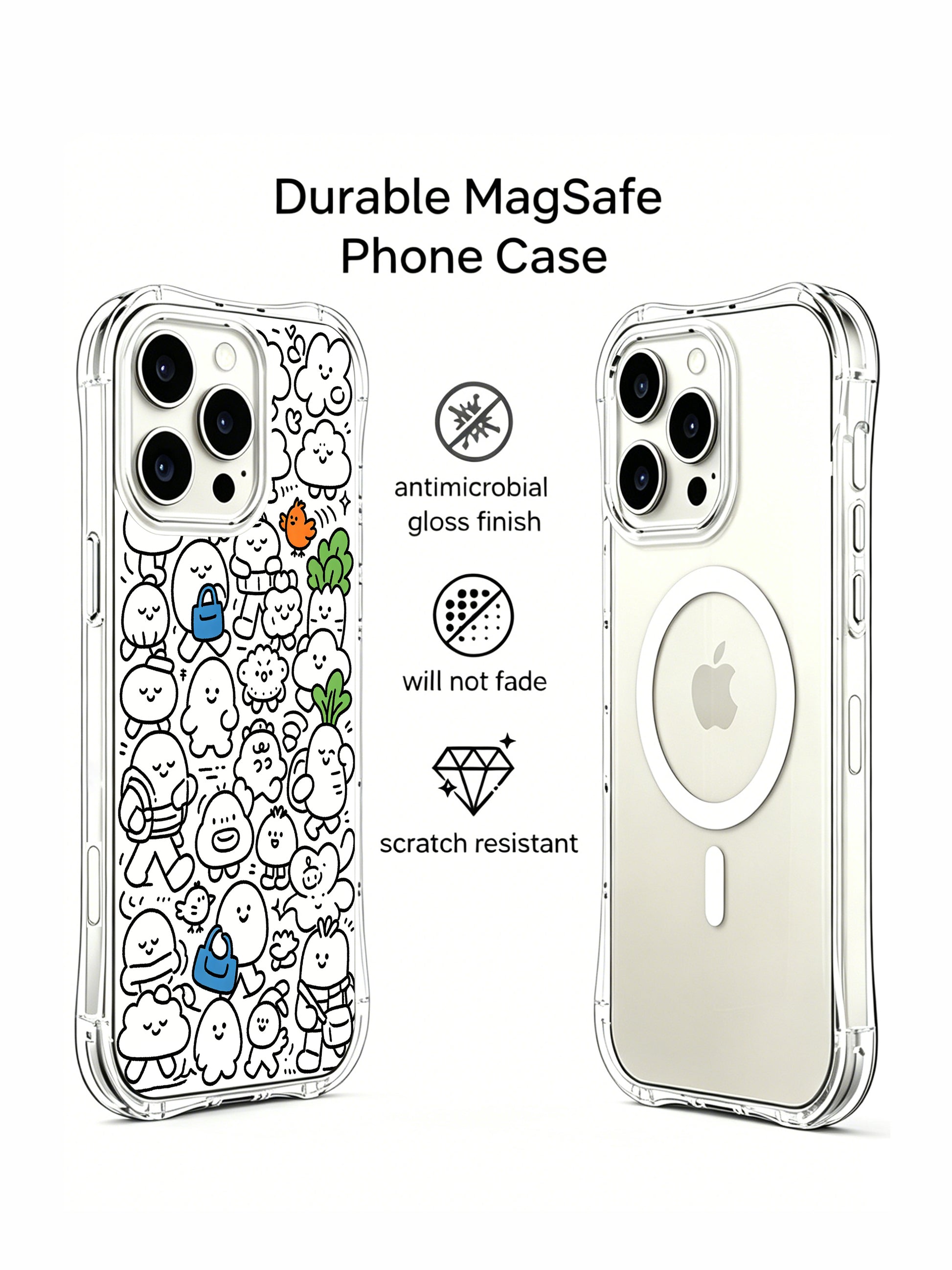 Sleepy coffee-carrying tiny monster doodle iPhone 15 pro Case from PhoneCasing, premium fade-resistant printed phone casing, lovely gift-ready art phone cover for female art lovers.