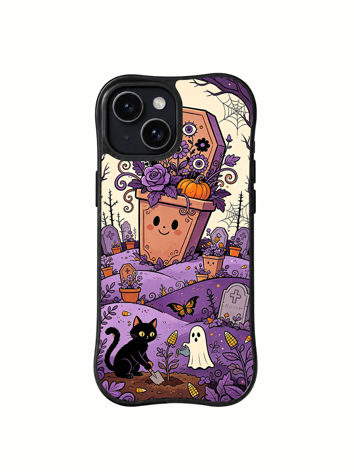 The Coffin Flower Garden iPhone 13 case front view with purple gothic floral art