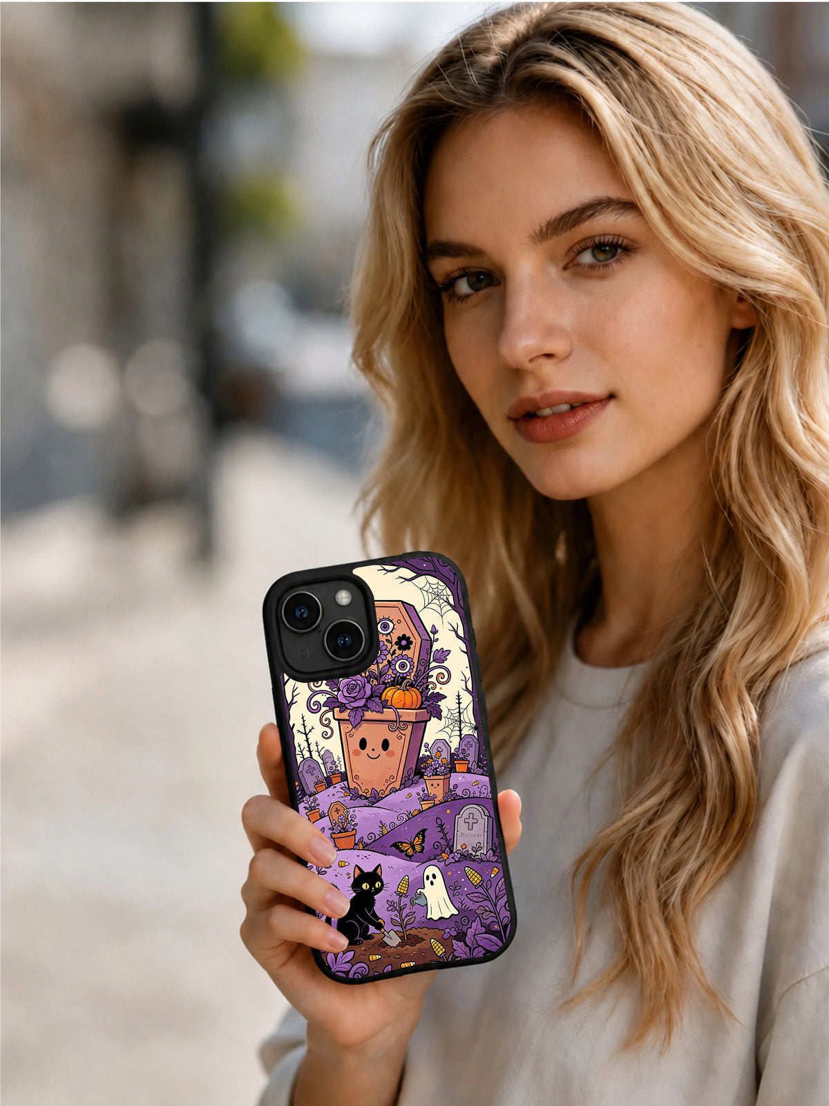 The Coffin Flower Garden iPhone 13 case lifestyle presentation
