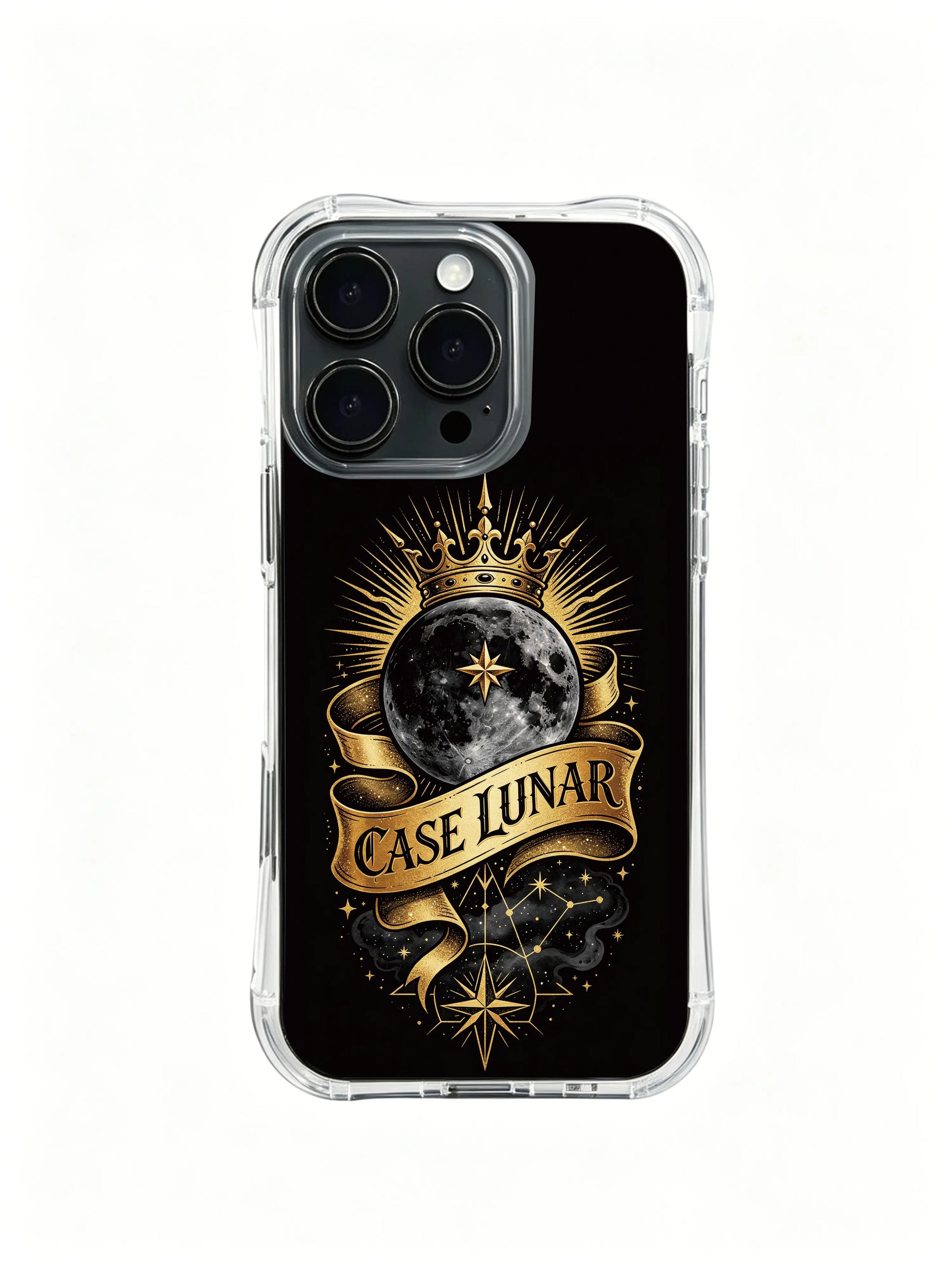 Majestic cold moon with sharp hard outline PhoneCasing, aesthetic iPhone 14 Plus Case with royal dark tone, soft non-slip grip phone cover.