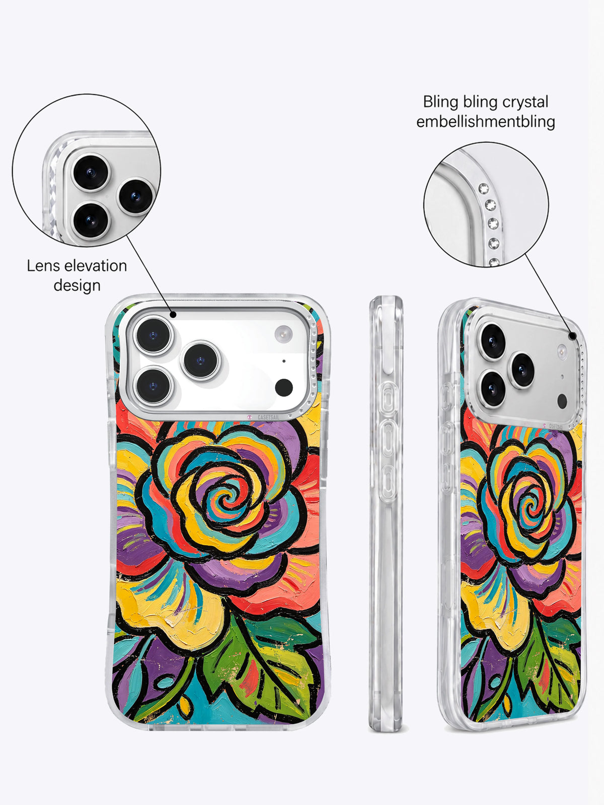 Raised camera surround and crystal-style edge detail on Color Garden case