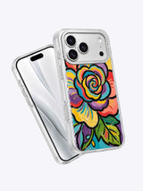 Color Garden artist phone case shown beside iPhone 17 Pro Max