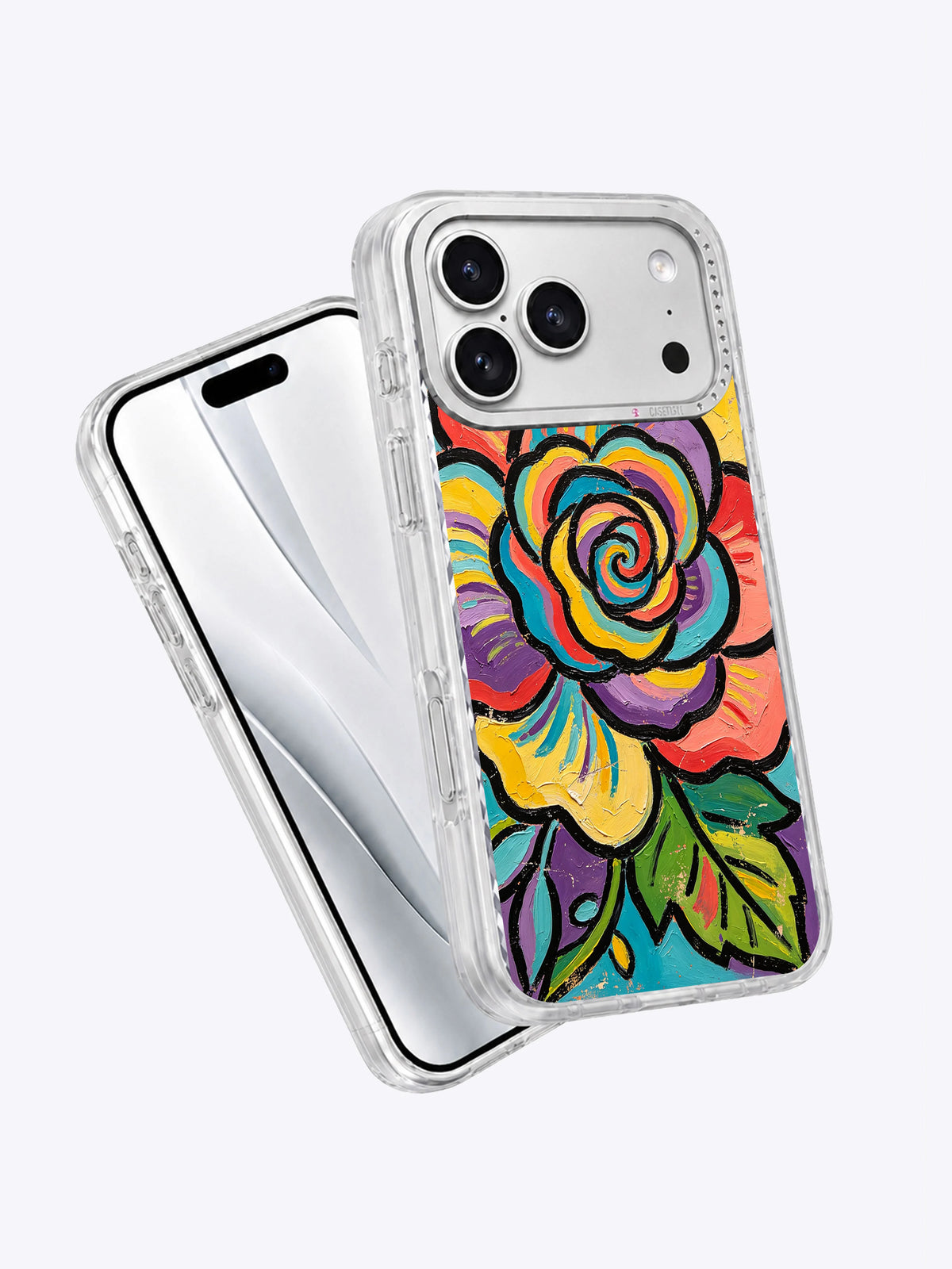 Color Garden artist phone case shown beside iPhone 17 Pro Max