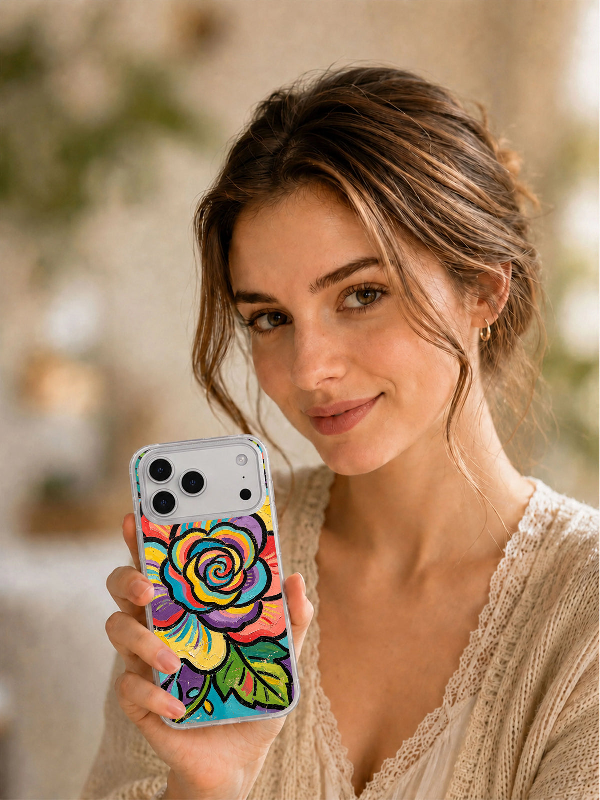 Lifestyle view of Color Garden colorful flower iPhone 17 Pro Max case