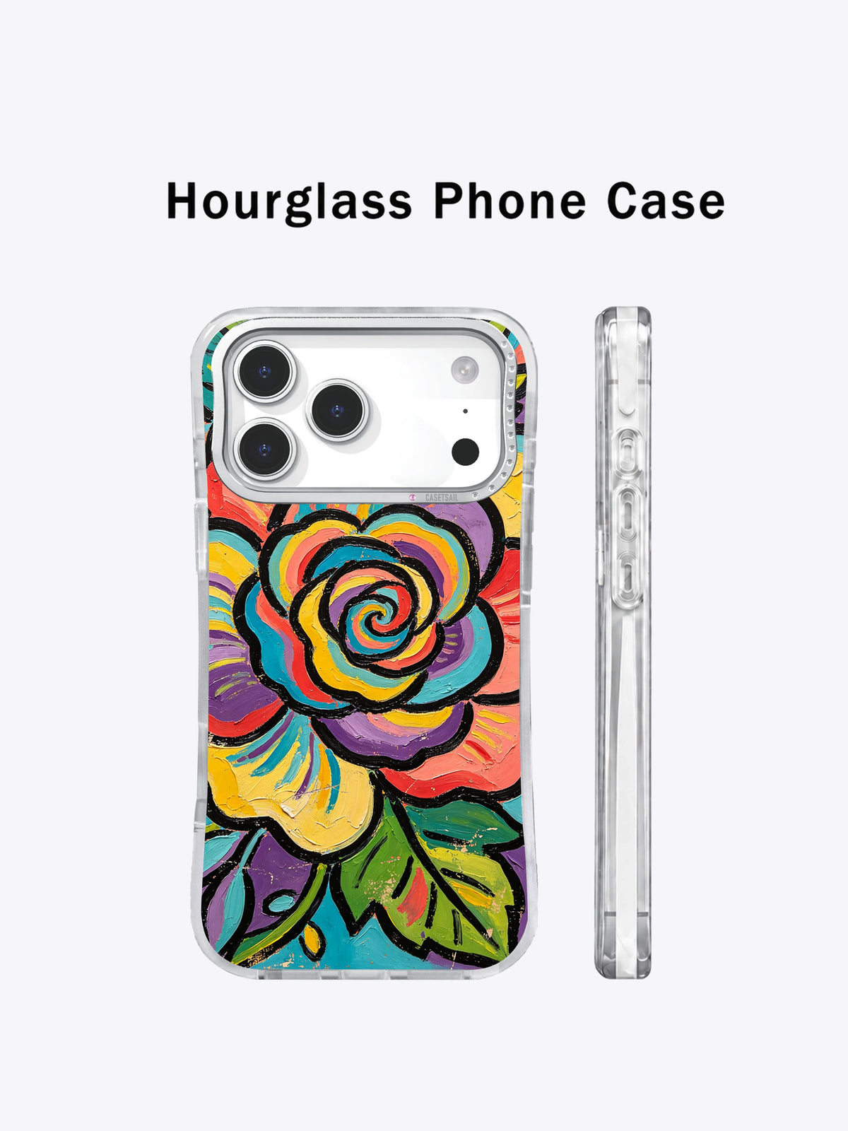 Front and side profile of transparent hourglass Color Garden case