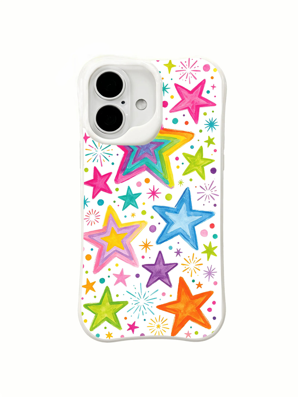Color Pop Star Scatter: Büyük çizgili pembe, yeşil, mavi, turuncu ve mor yıldızlar küçük havai fişek işaretleri arasına dağılır.