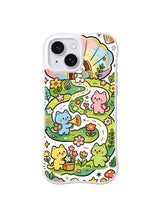Rainbow Trail Cat Explorers: Pastel cats follow a winding flower-lined trail from mushrooms toward a rainbow and sun.