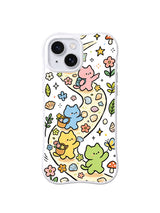 Seashell Garden Cat Trek: Cats walk a dotted path among shells, flowers, leaves, mushrooms and small stars.