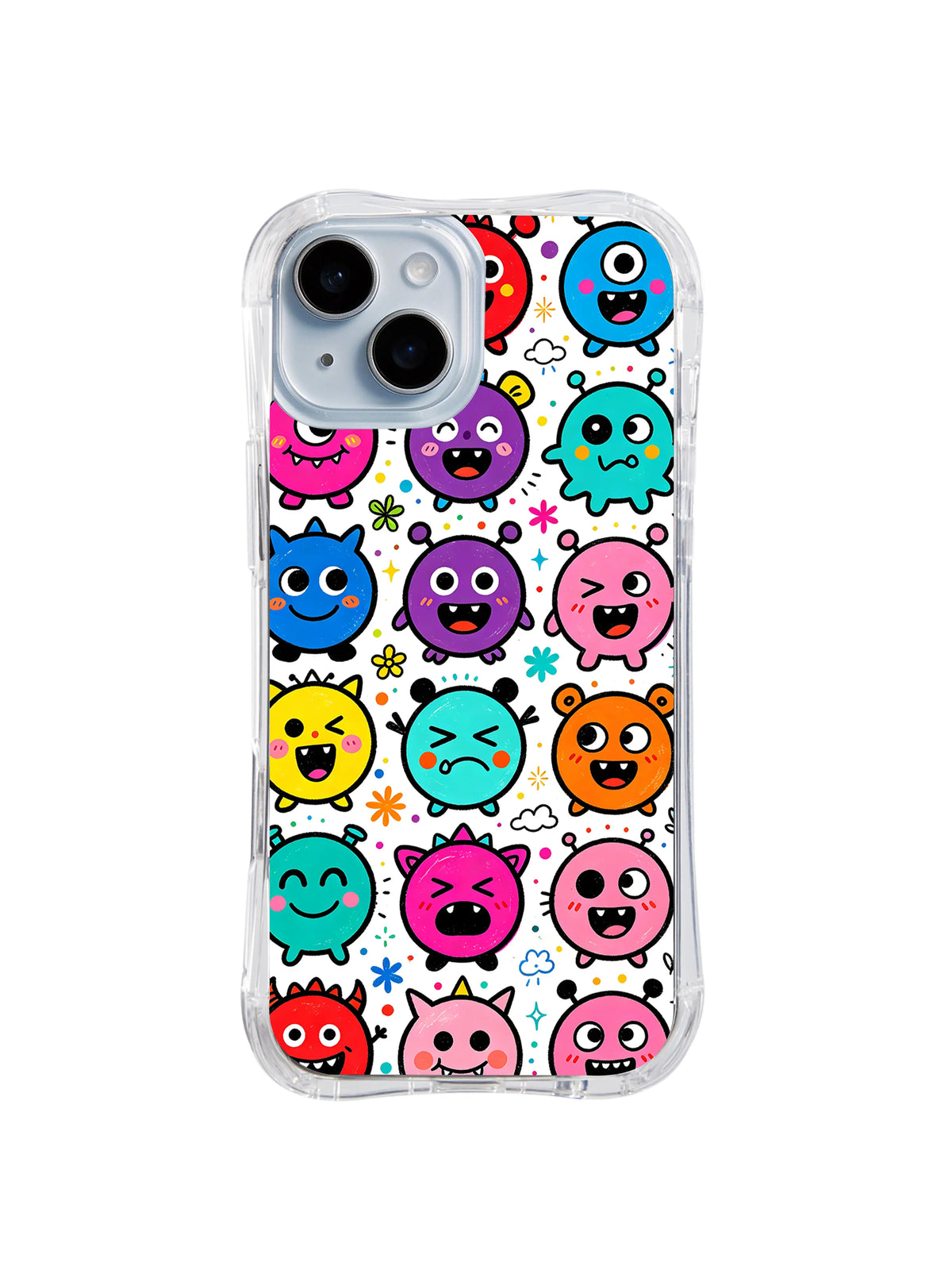 Monster Mood Chorus: Kırmızı, mavi, mor, turkuaz, turuncu ve pembe belirgin yuvarlak ve tek gözlü karakterler beyaz zemini doldurur.