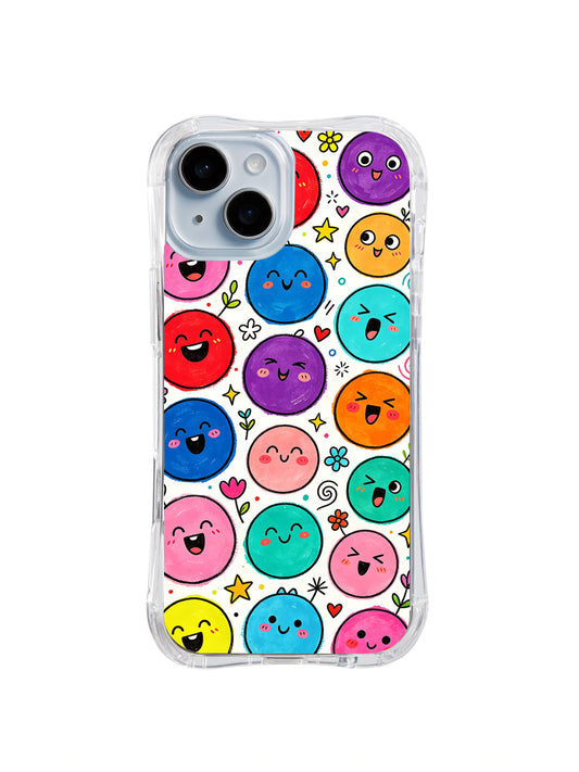 Rainbow Feeling Faces: Large round red, pink, blue, purple, orange and yellow faces mix with tiny flowers, hearts and stars on white.