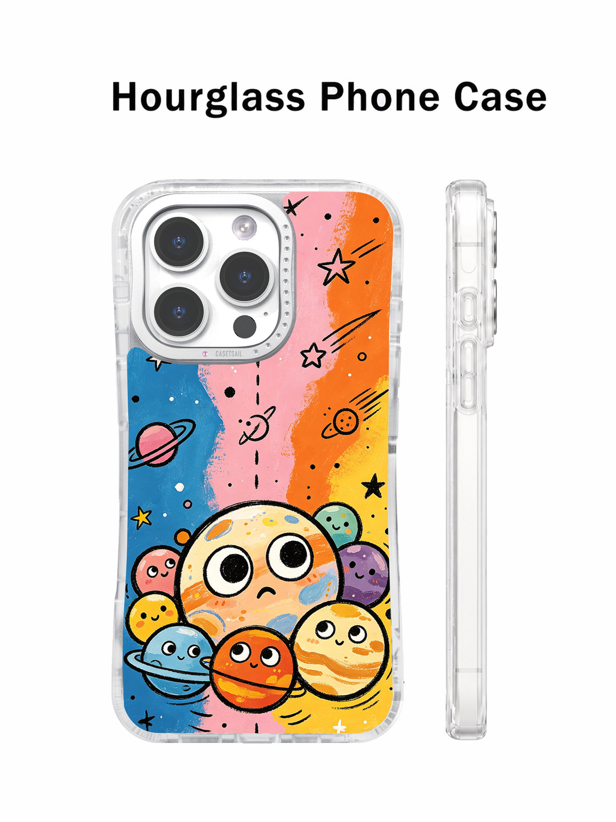 Cute planet hourglass phone case front and side profile