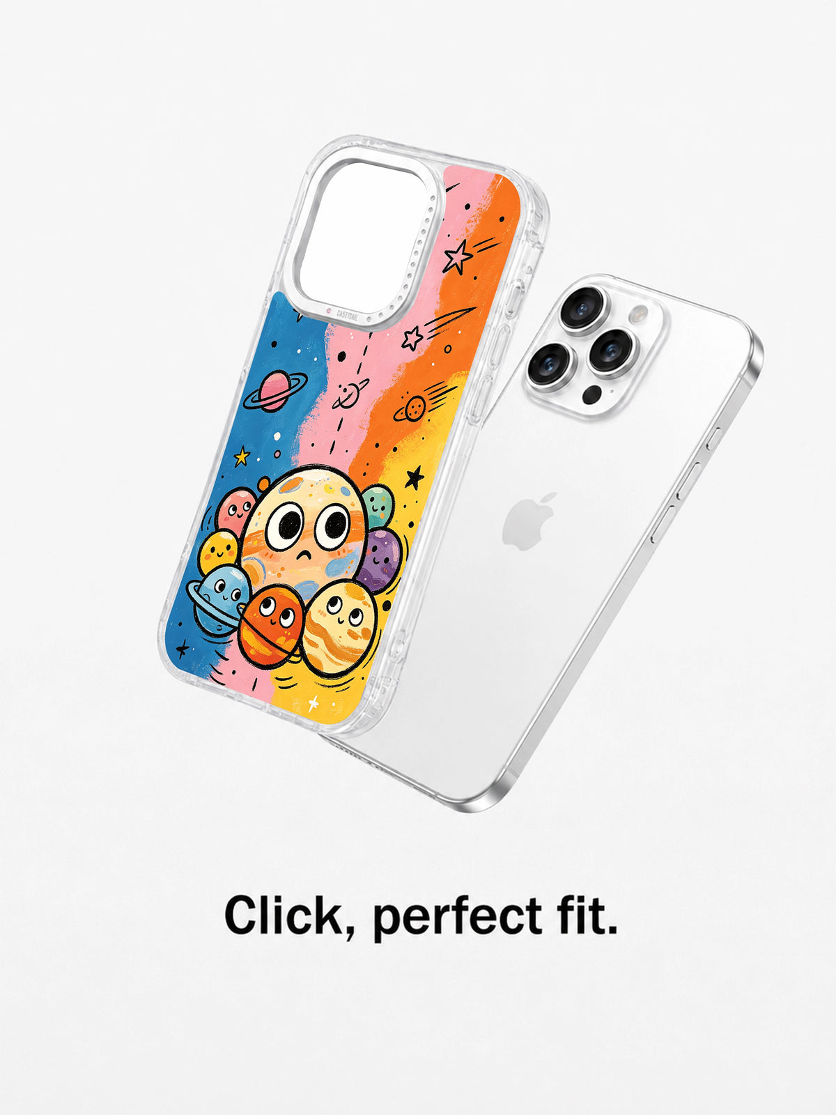 Clear cute planet phone case beside iPhone 15 Pro Max