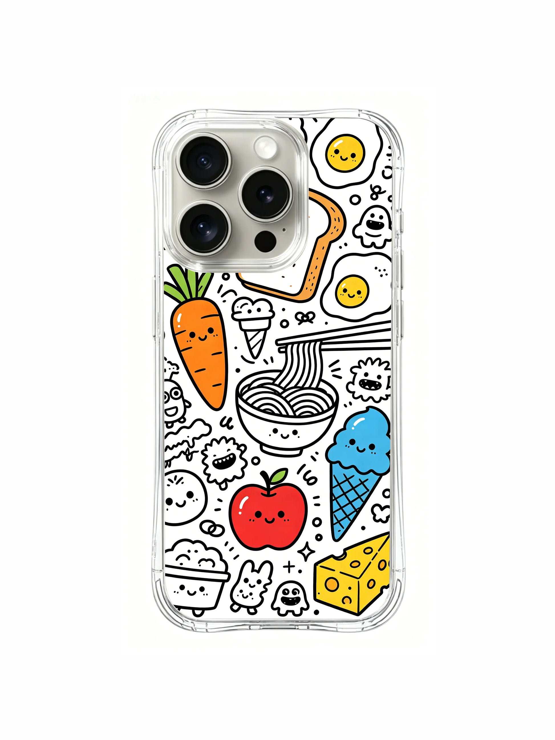Soft spot-color food market doodle iPhone 15 pro Case, limited-run wearable fine art phone casing, kid-friendly aesthetic phone cover from PhoneCasing.