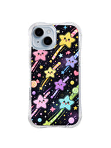 Candy Comet Stars: Pembe, sarı, mor ve mavi yıldız karakterleri şeker şekilleri arasında kuyruklu yıldız gibi ilerler.