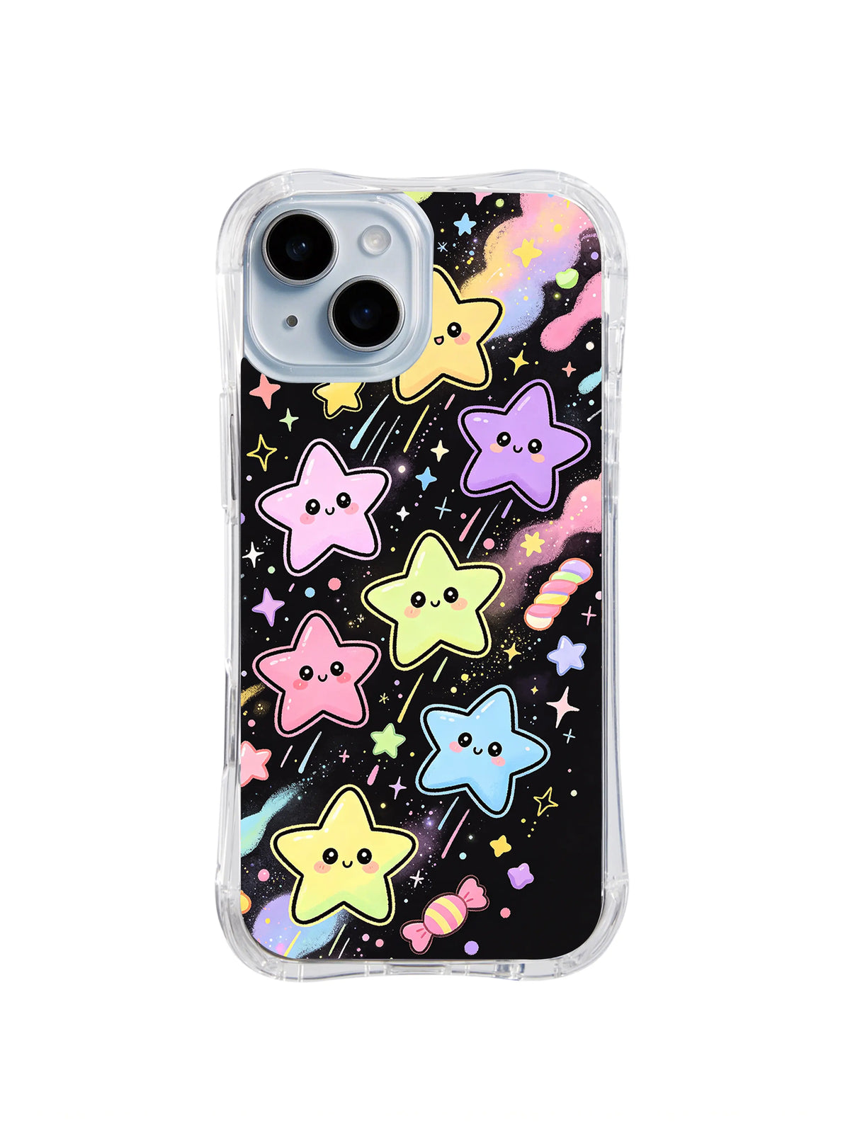 Pastel Stardust Shower: Büyük pastel yıldızlar siyah zeminde küçük parıltılar, şeker çubukları ve konfeti arasında süzülür.