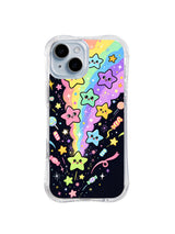 Rainbow Candy Starfall: Gülümseyen pastel yıldızlar şekerler ve küçük gezegenlerin arasında dikey gökkuşağının yanından düşer.