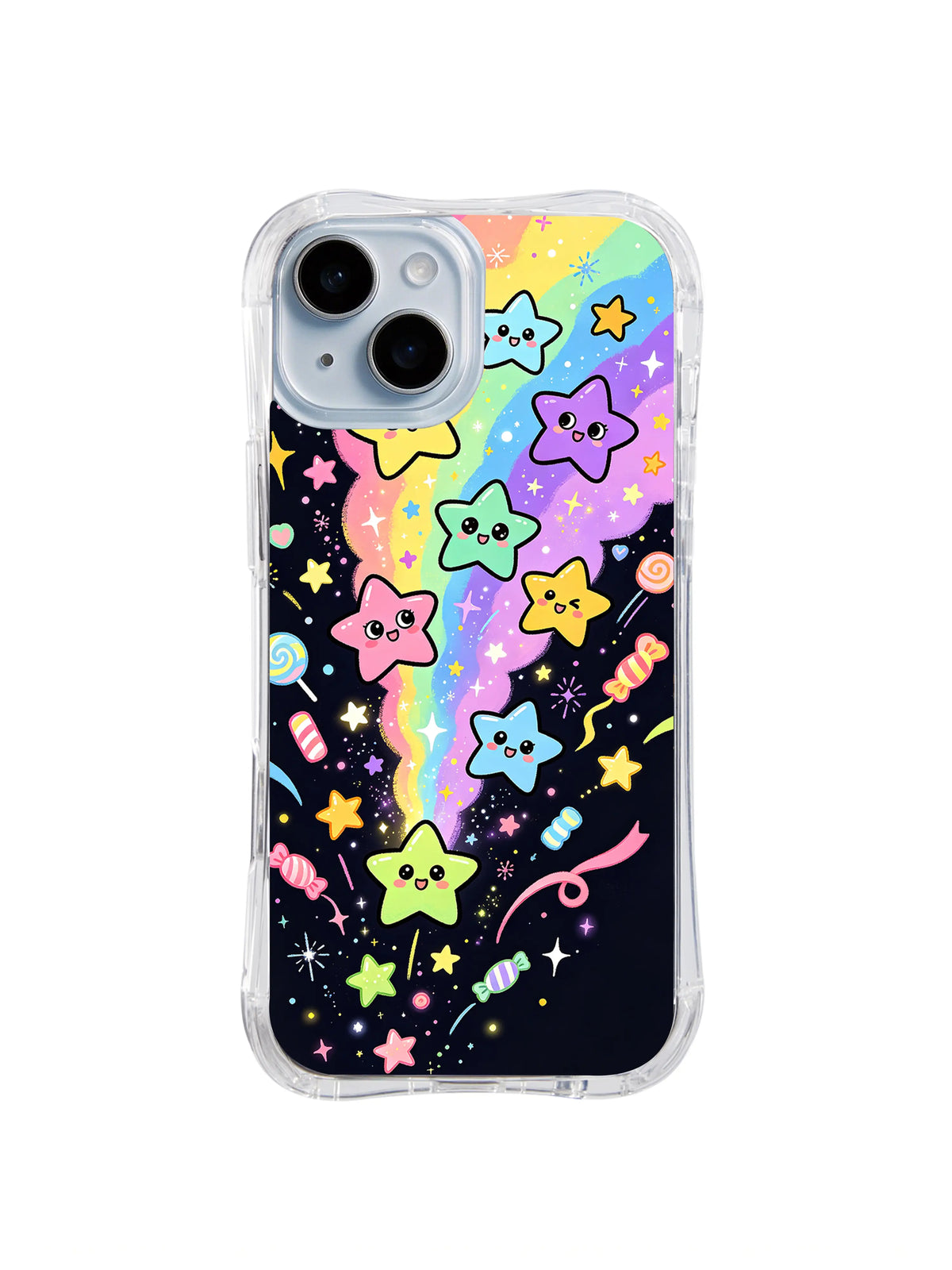 Rainbow Candy Starfall: Gülümseyen pastel yıldızlar şekerler ve küçük gezegenlerin arasında dikey gökkuşağının yanından düşer.